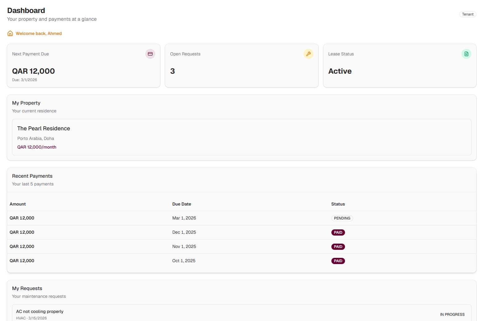 Tenant portal interface for payments and maintenance requests